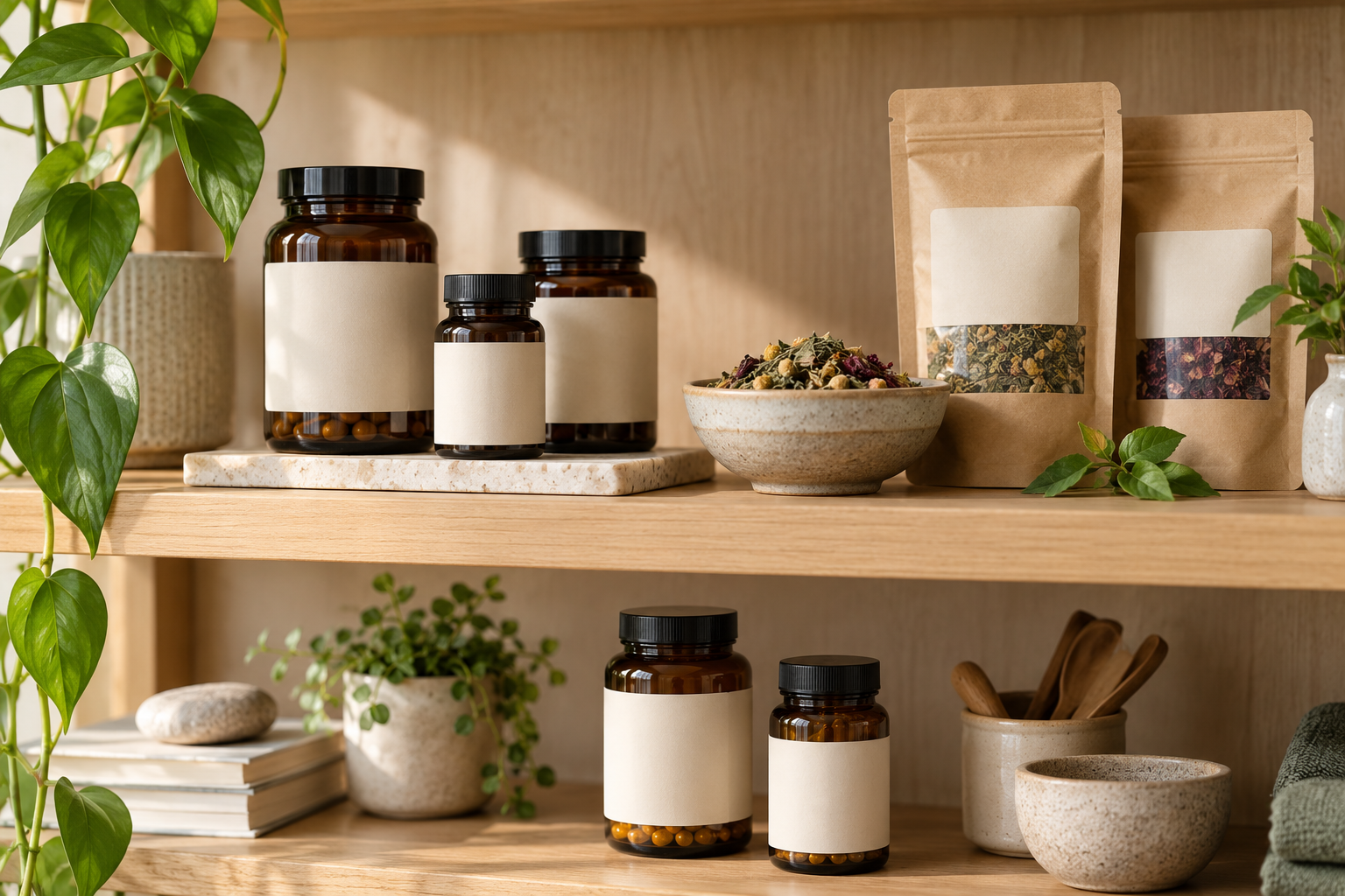 Natural supplements, teas, and dried herbs arranged on warm wood shelving